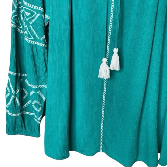 Lane Bryant Teal Embroidered Boho Peasant Top Tassel Tie Long Sleeve - Picture 6 of 6